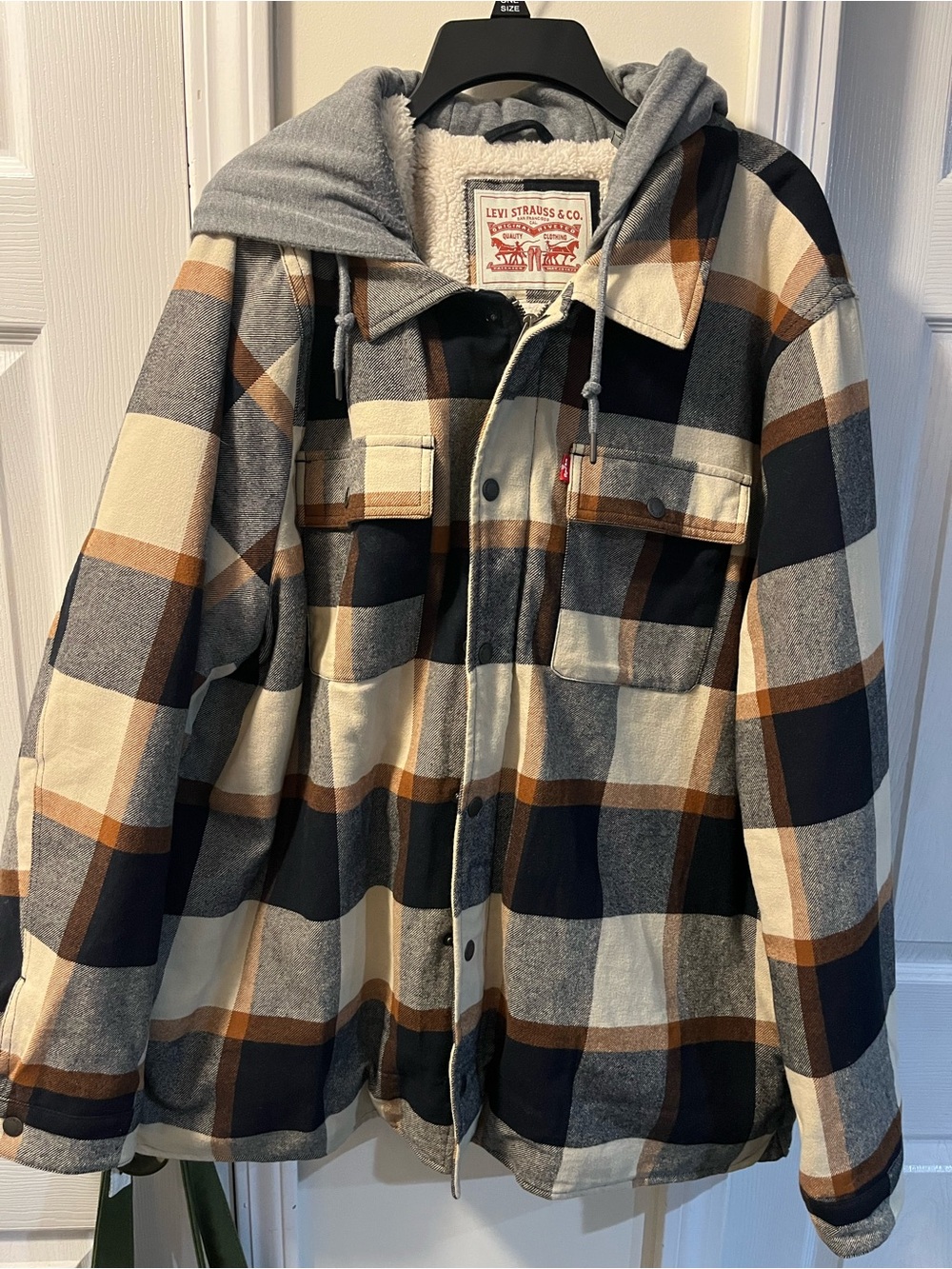 Levis Sherpa Lined Hooded Flannel Jacket Mens XXL Plaid Full Zip Cotton Shacket